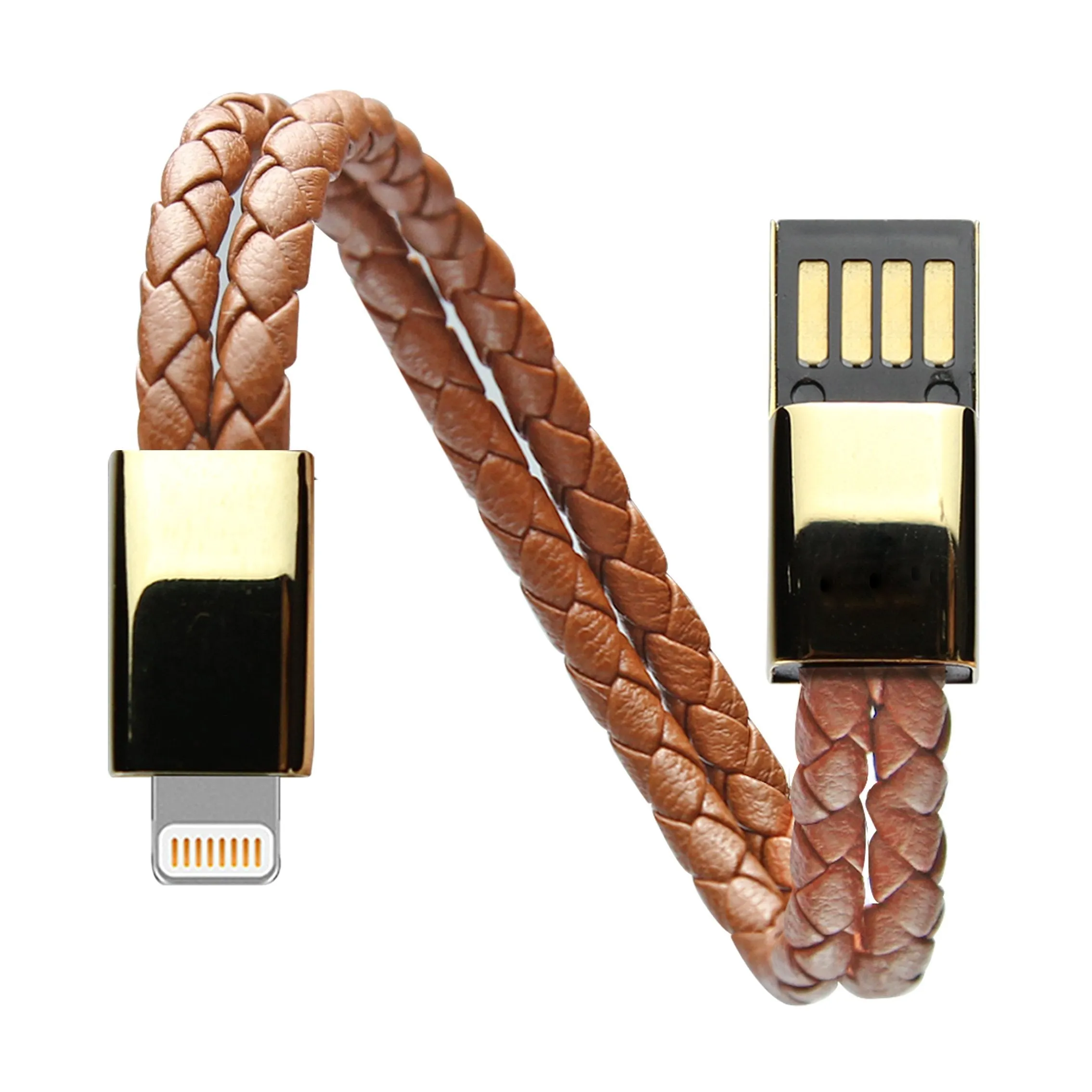 Brown double-line bracelet cable measuring 22.5cm with single USB connector in gift box
