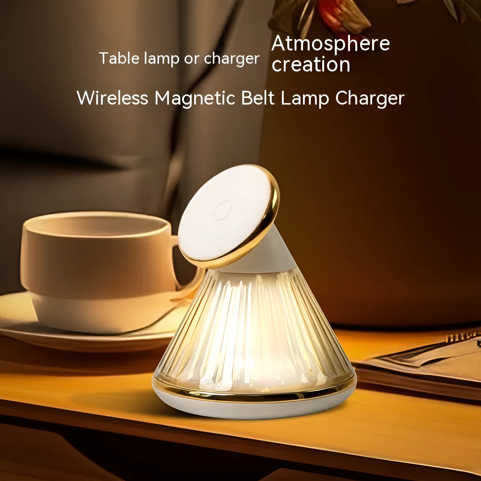 Night table lamp with wireless charging seat in champagne gold finish showing brightness controls