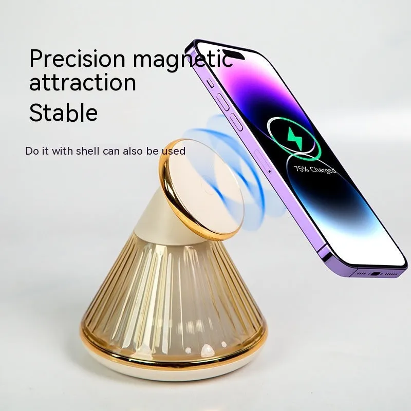 Night table lamp with wireless charging seat in champagne gold finish showing brightness controls