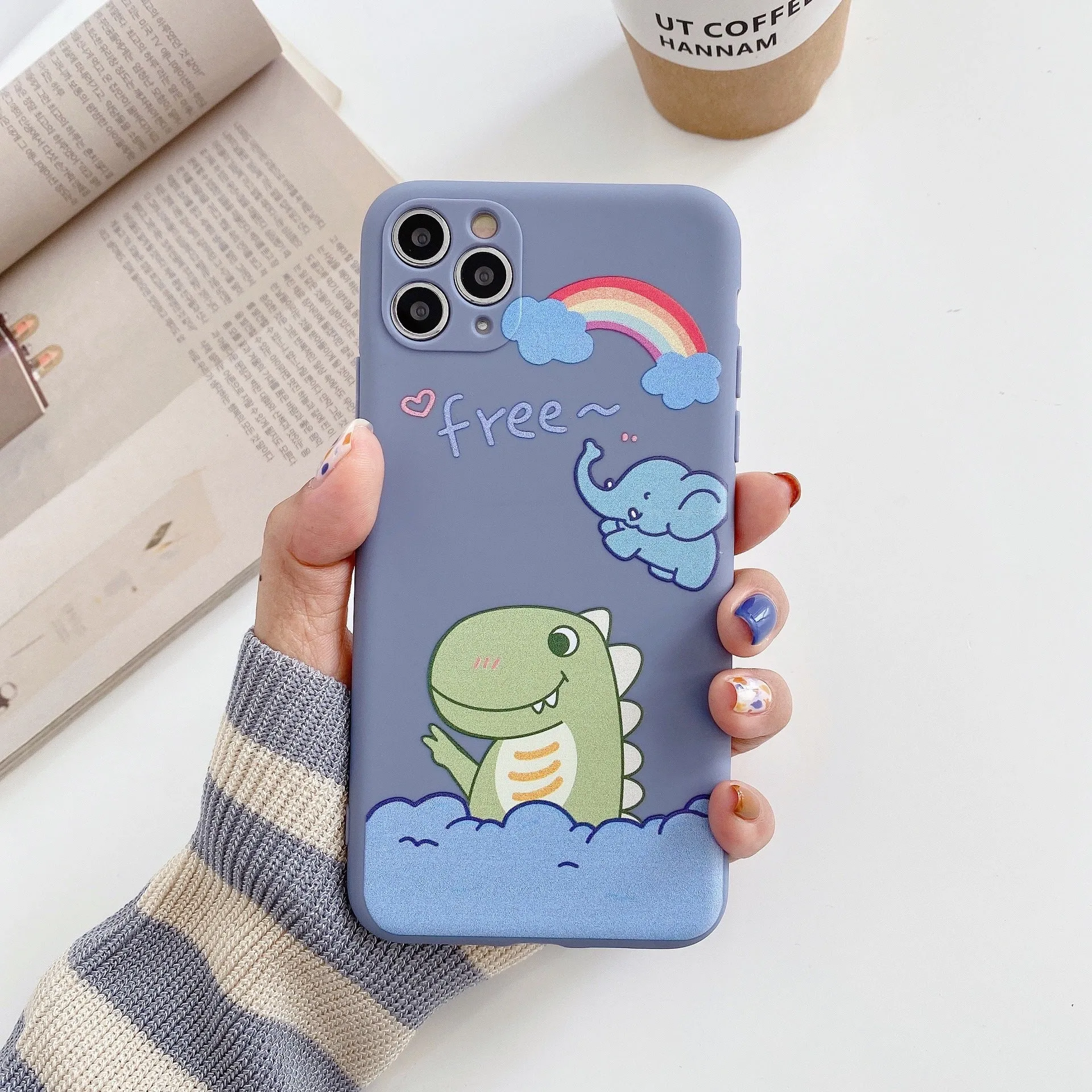 Blue TPU soft shell iPhone case with printed dinosaur cartoon design for iPhone 12 and compatible models