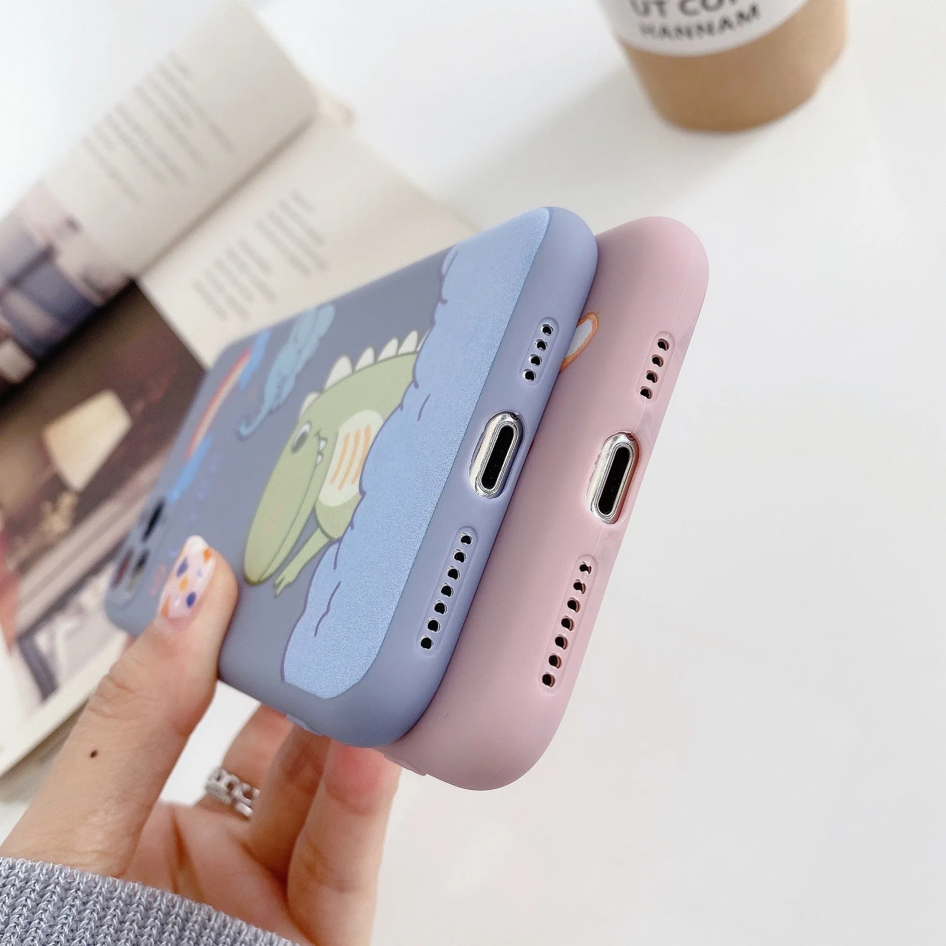 Blue TPU soft shell iPhone case with printed dinosaur cartoon design for iPhone 12 and compatible models