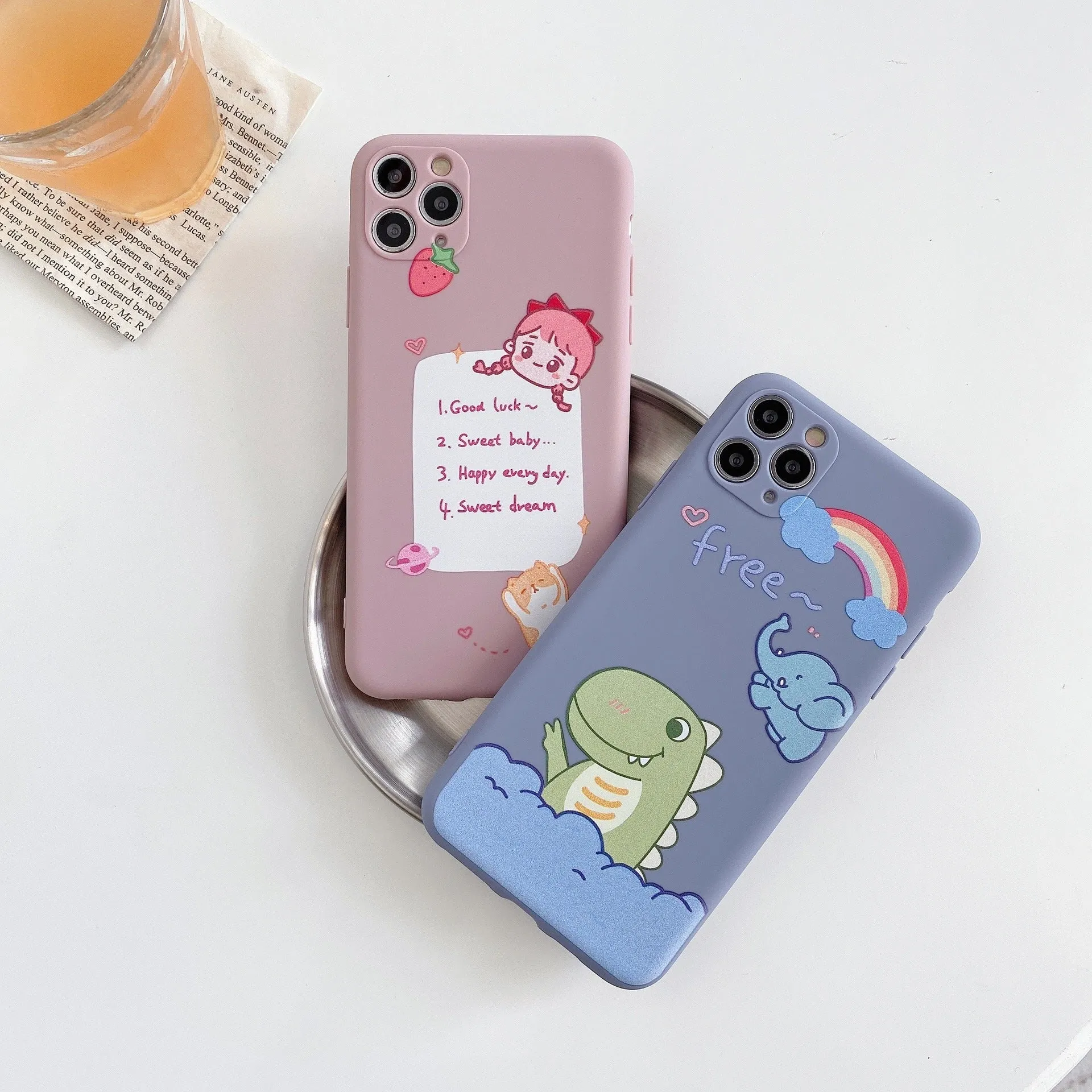 Blue TPU soft shell iPhone case with printed dinosaur cartoon design for iPhone 12 and compatible models