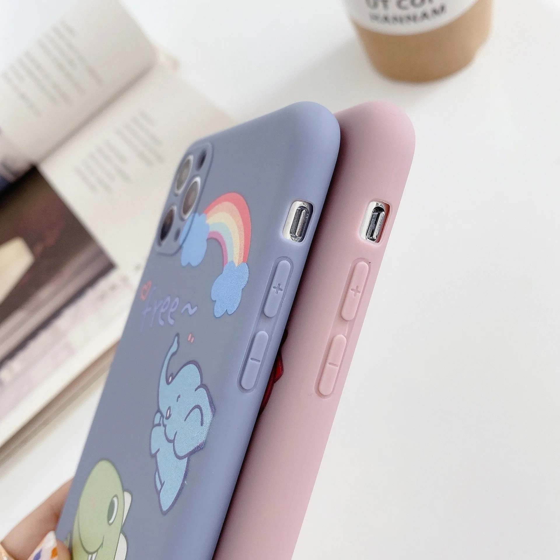 Blue TPU soft shell iPhone case with printed dinosaur cartoon design for iPhone 12 and compatible models