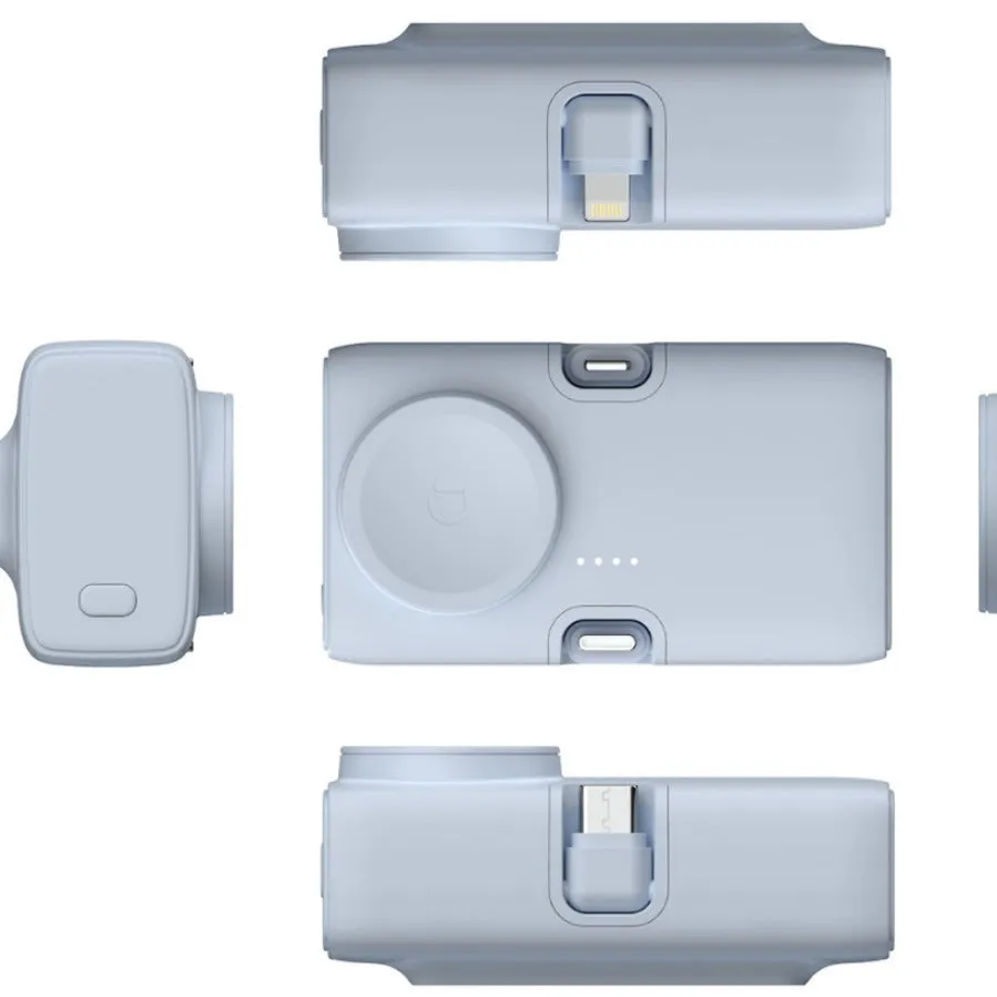 Compact white wireless power bank with 5000mAh capacity, shown next to a mobile phone for scale.