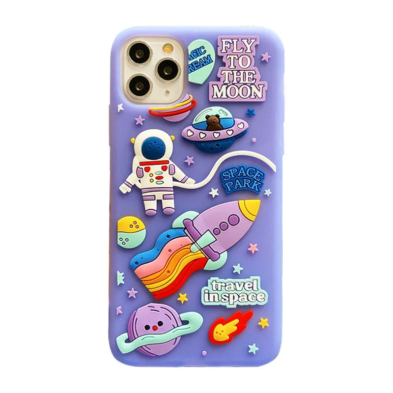 Purple silicone iPhone case with a cartoon astronaut graphic, showing front and back views.