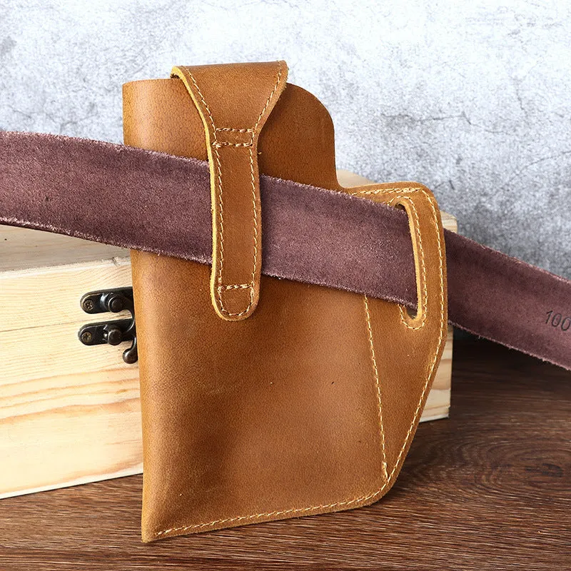Men's retro leather phone hanging belt bag with car stitching and cover opening in brown colour