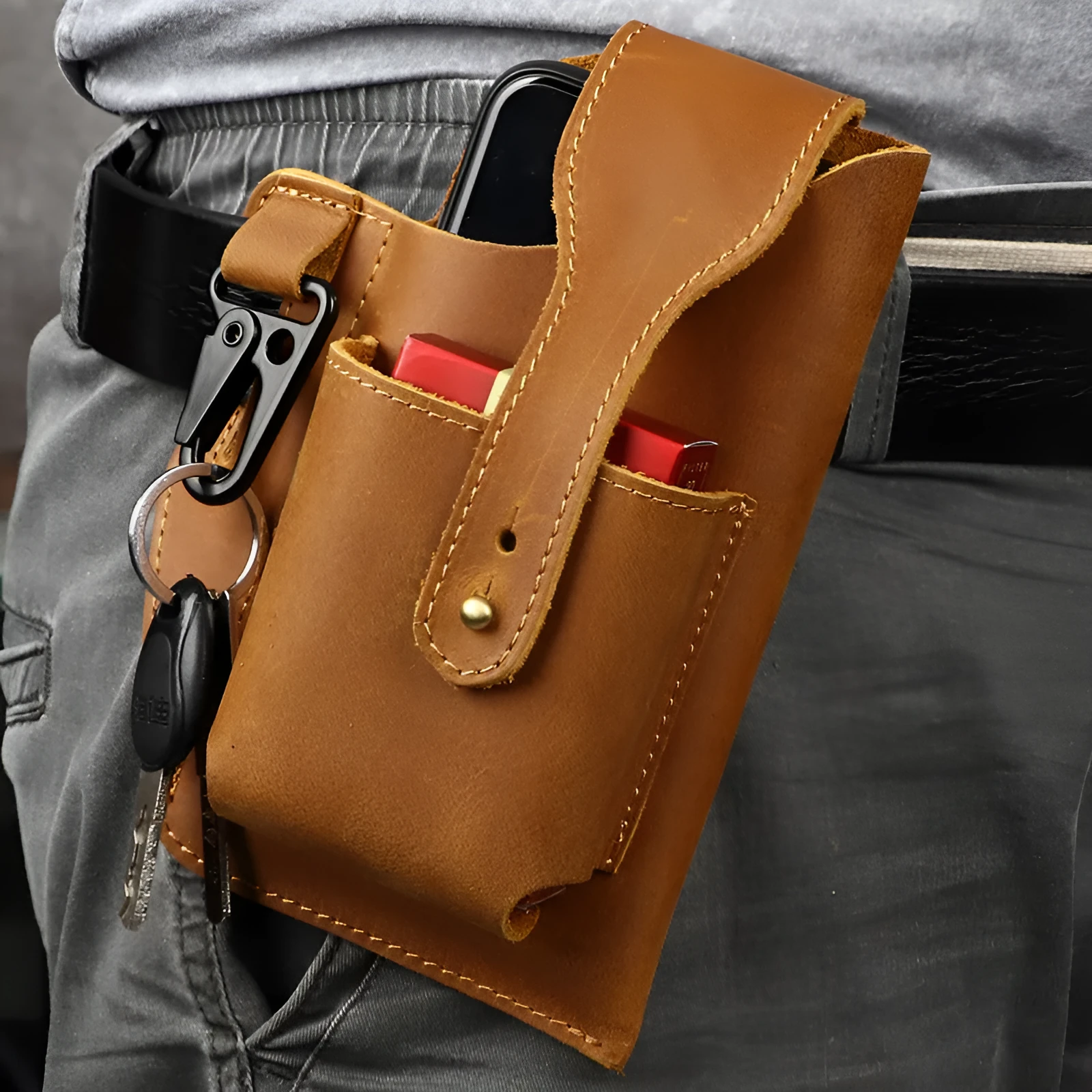 Men's retro leather phone hanging belt bag with car stitching and cover opening in brown colour