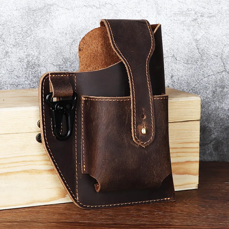 Men's retro leather phone hanging belt bag with car stitching and cover opening in brown colour