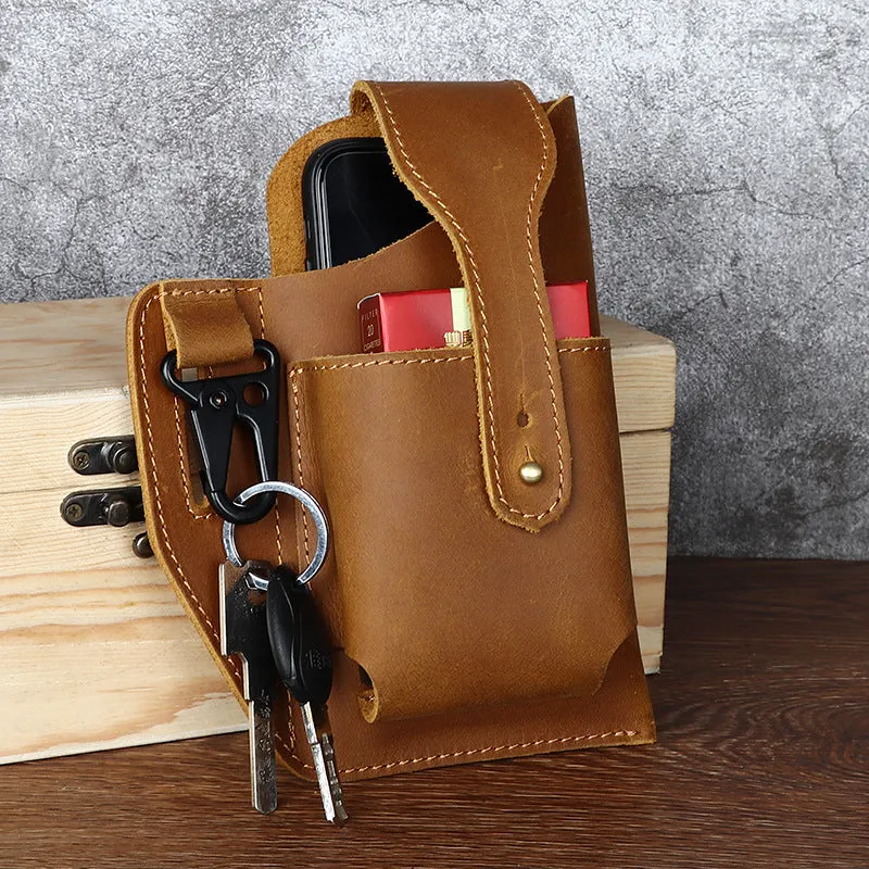 Men's retro leather phone hanging belt bag with car stitching and cover opening in brown colour