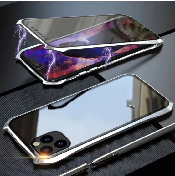 Metal protective back cover case for Apple iPhone 11, shown in black, blue, red, and silver colour options.