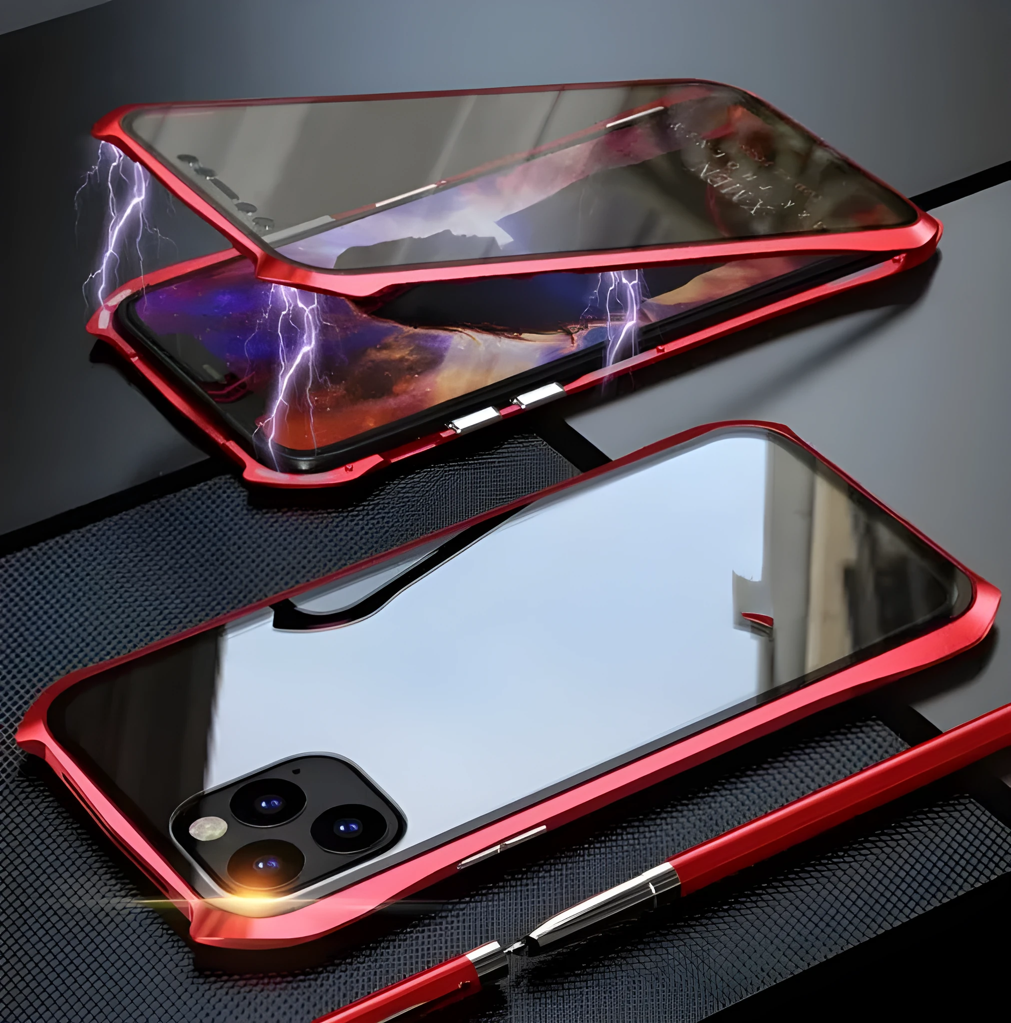 Metal protective back cover case for Apple iPhone 11, shown in black, blue, red, and silver colour options.
