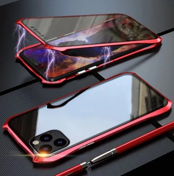 Metal protective back cover case for Apple iPhone 11, shown in black, blue, red, and silver colour options.