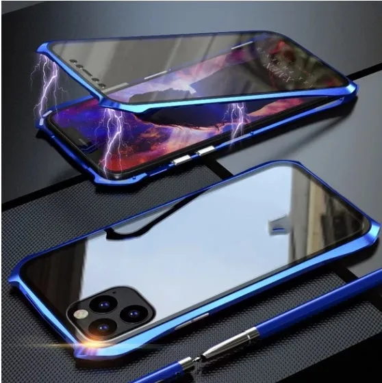 Metal protective back cover case for Apple iPhone 11, shown in black, blue, red, and silver colour options.