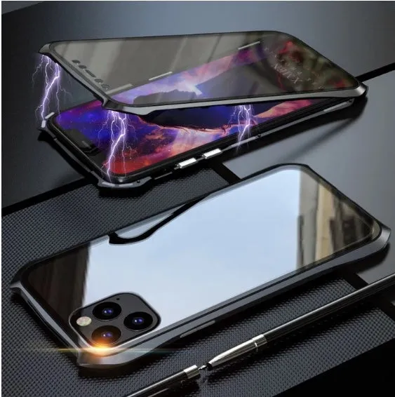 Metal protective back cover case for Apple iPhone 11, shown in black, blue, red, and silver colour options.