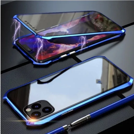 Metal protective back cover case for Apple iPhone 11, shown in black, blue, red, and silver colour options.
