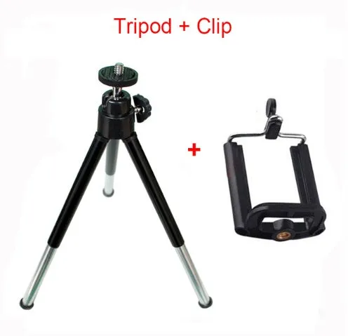 Mini flexible aluminium desktop tripod with ball head extended, alongside a universal U-shaped black phone clip.