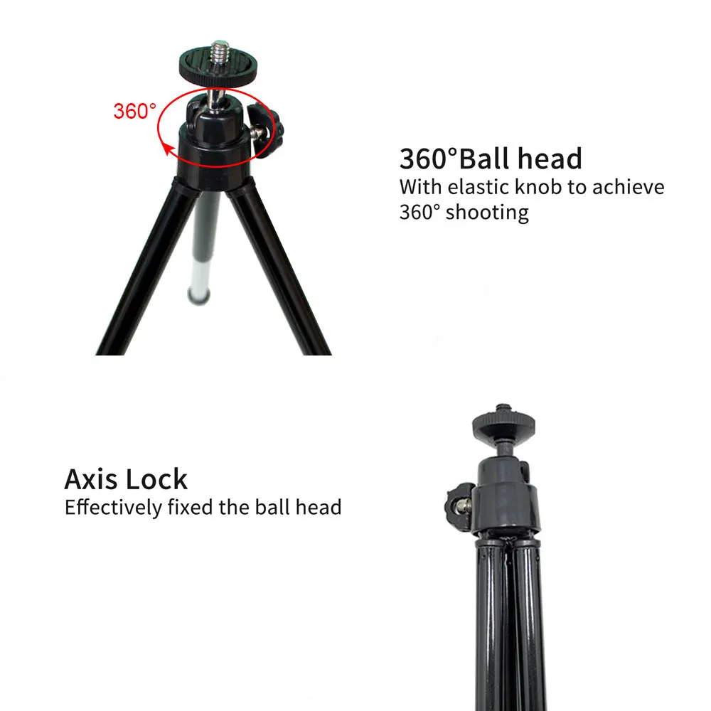 Mini flexible aluminium desktop tripod with ball head extended, alongside a universal U-shaped black phone clip.