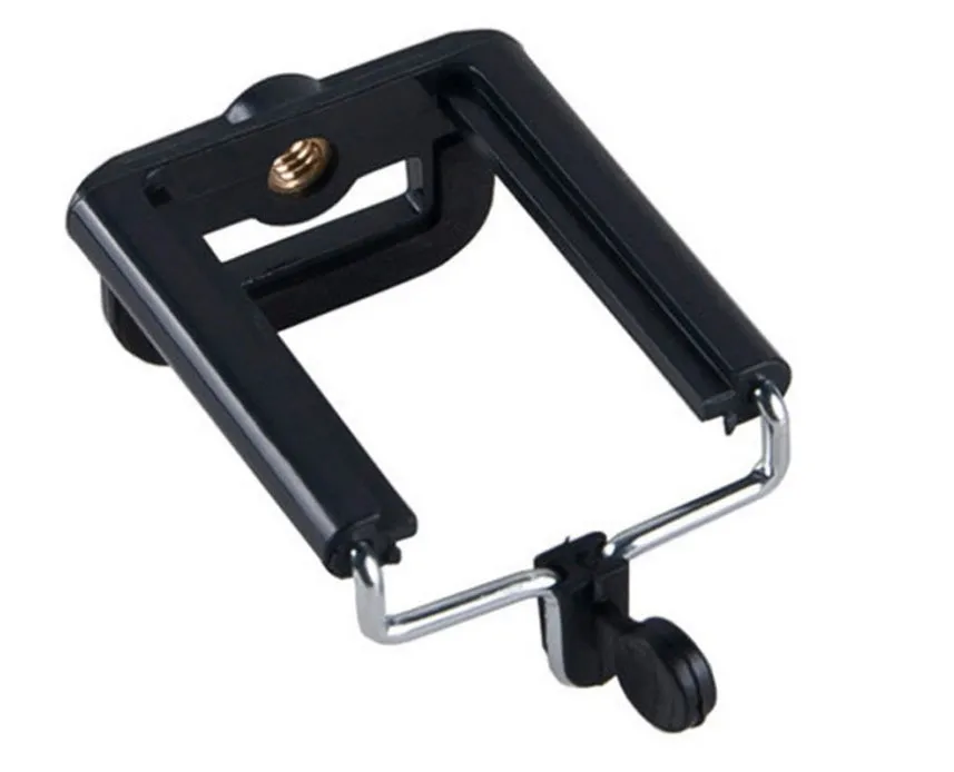Mini flexible aluminium desktop tripod with ball head extended, alongside a universal U-shaped black phone clip.