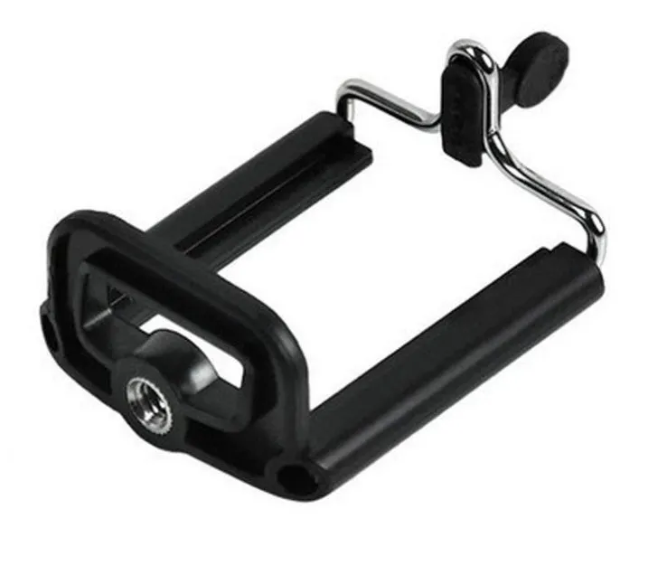 Mini flexible aluminium desktop tripod with ball head extended, alongside a universal U-shaped black phone clip.