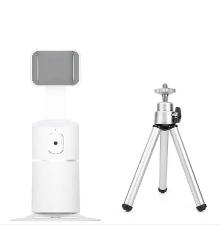 Mini flexible aluminium desktop tripod with ball head extended, alongside a universal U-shaped black phone clip.
