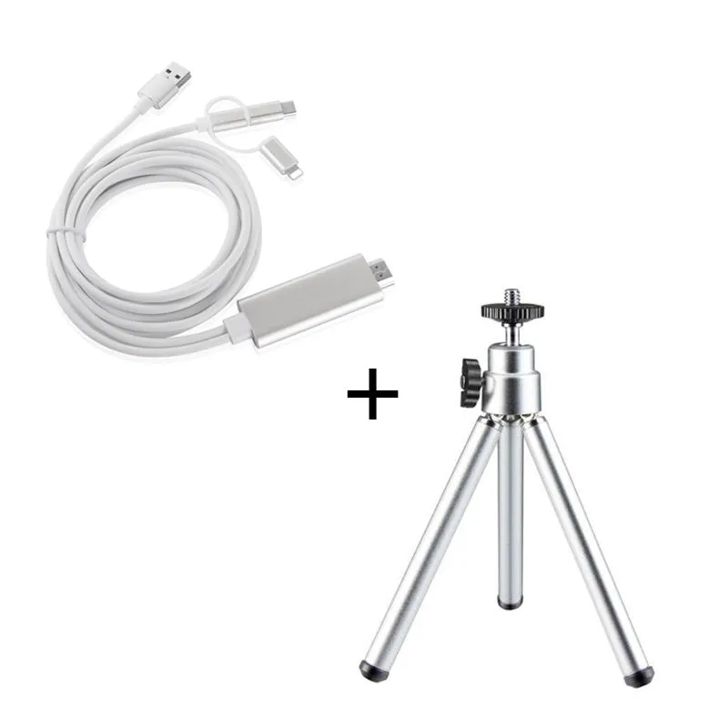 Mini flexible aluminium desktop tripod with ball head extended, alongside a universal U-shaped black phone clip.