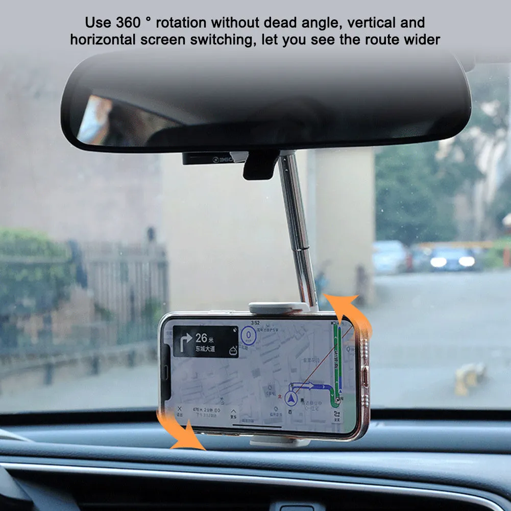 Black car phone holder mounted on rearview mirror showing 360-degree rotation mechanism