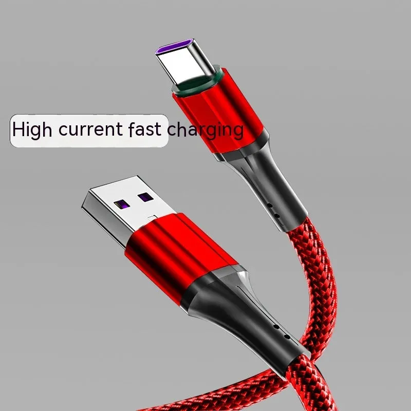 Woven Type-C fast charging cable in red, black, or green with nylon braided exterior