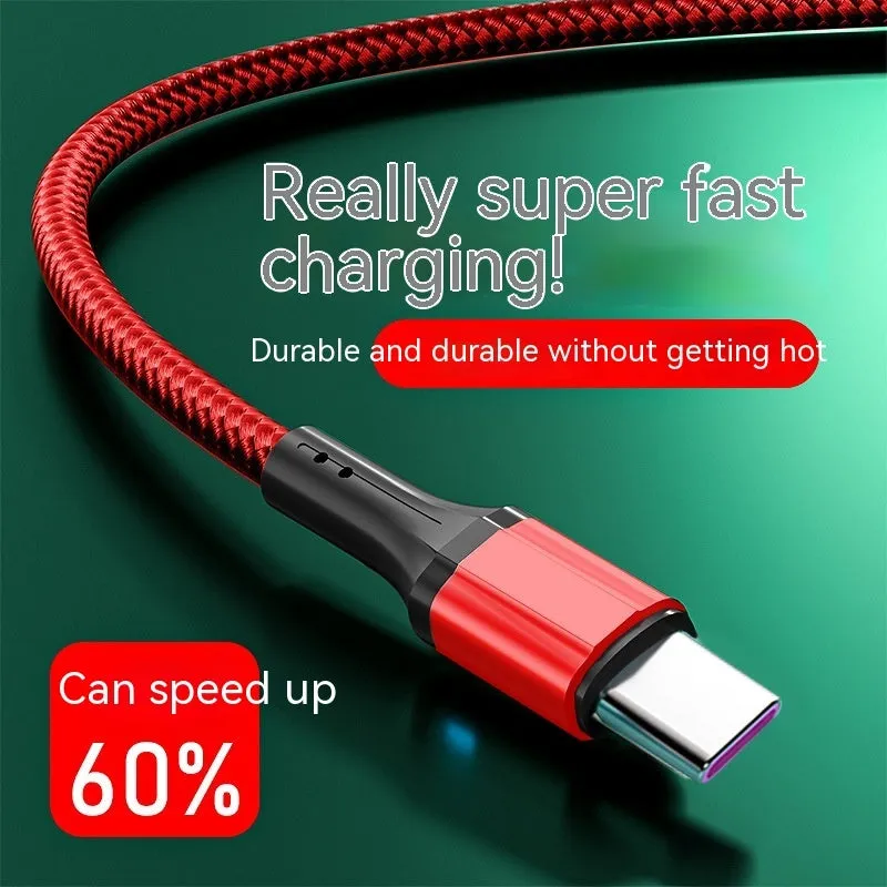 Woven Type-C fast charging cable in red, black, or green with nylon braided exterior