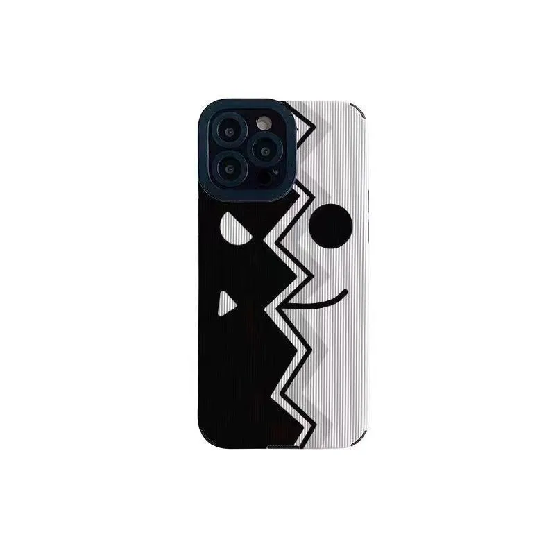 Silicone iPhone case with Chinese-style geometric metal-stamped design on imitation leather