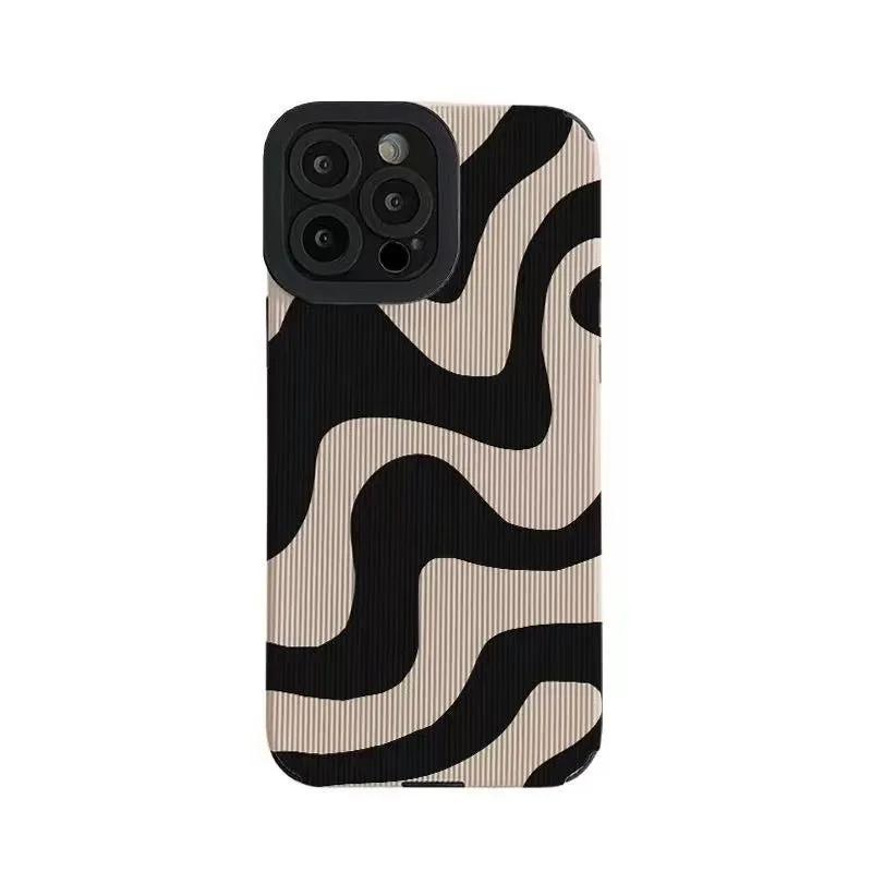 Silicone iPhone case with Chinese-style geometric metal-stamped design on imitation leather