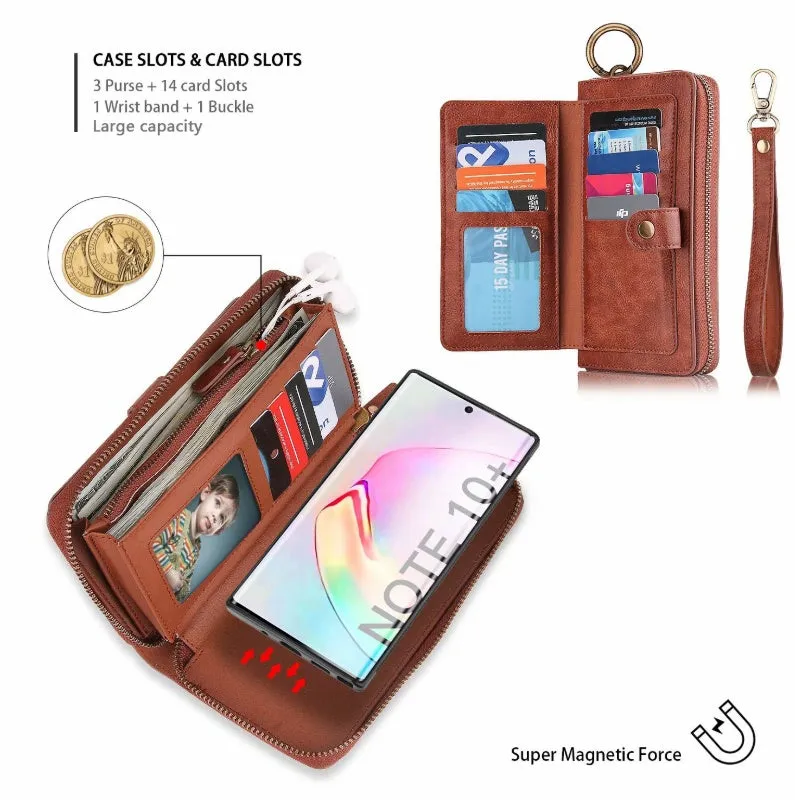 Black PU leather phone wallet case with a zipper, shown next to a credit card.