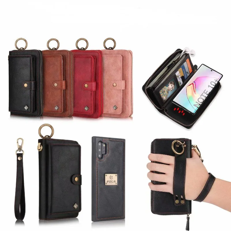 Black PU leather phone wallet case with a zipper, shown next to a credit card.