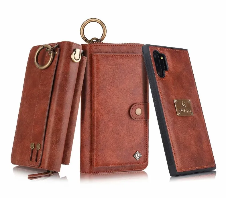 Black PU leather phone wallet case with a zipper, shown next to a credit card.