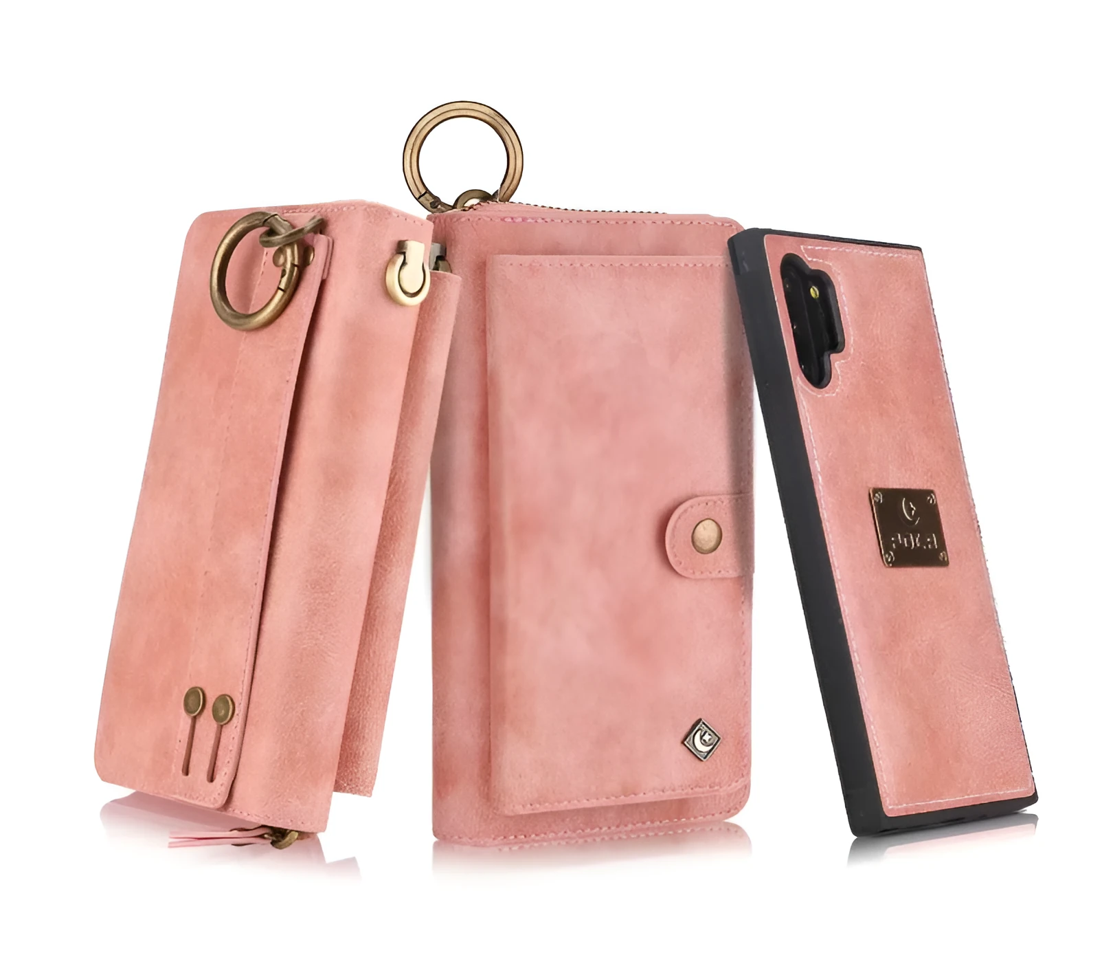 Black PU leather phone wallet case with a zipper, shown next to a credit card.