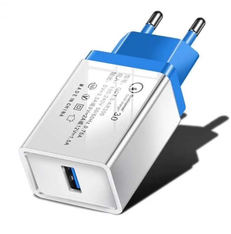 Blue Qualcomm QC3.0 fast travel charger with a single USB port and EU plug.