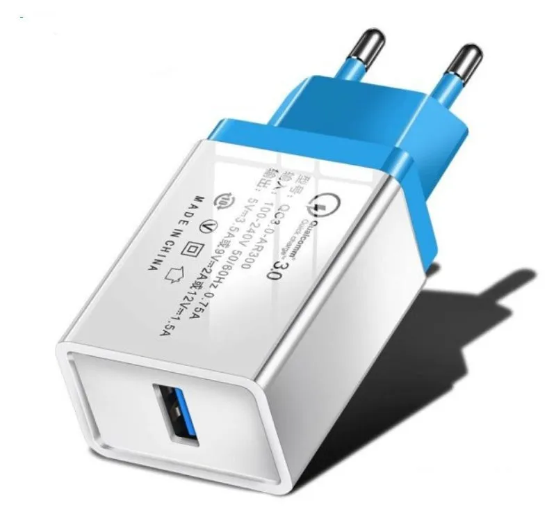 Blue Qualcomm QC3.0 fast travel charger with a single USB port and EU plug.