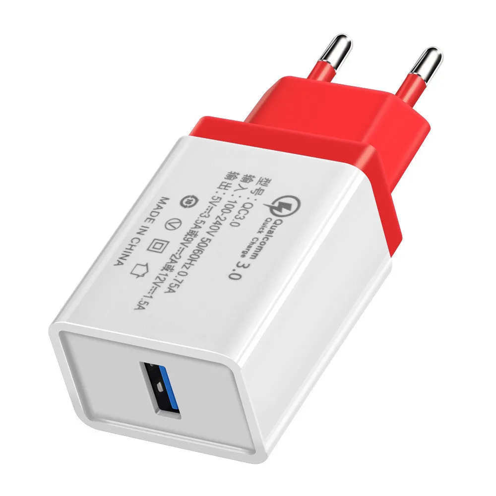 Blue Qualcomm QC3.0 fast travel charger with a single USB port and EU plug.