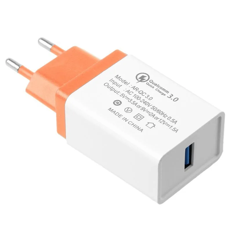 Blue Qualcomm QC3.0 fast travel charger with a single USB port and EU plug.