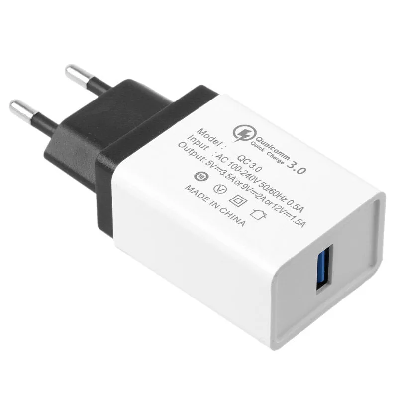 Blue Qualcomm QC3.0 fast travel charger with a single USB port and EU plug.