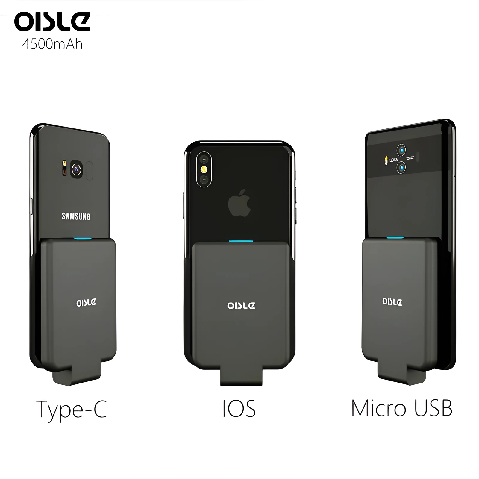 Slim 4500mAh back clip battery for iPhone Android Type-C phones in black, white, blue, pink, red