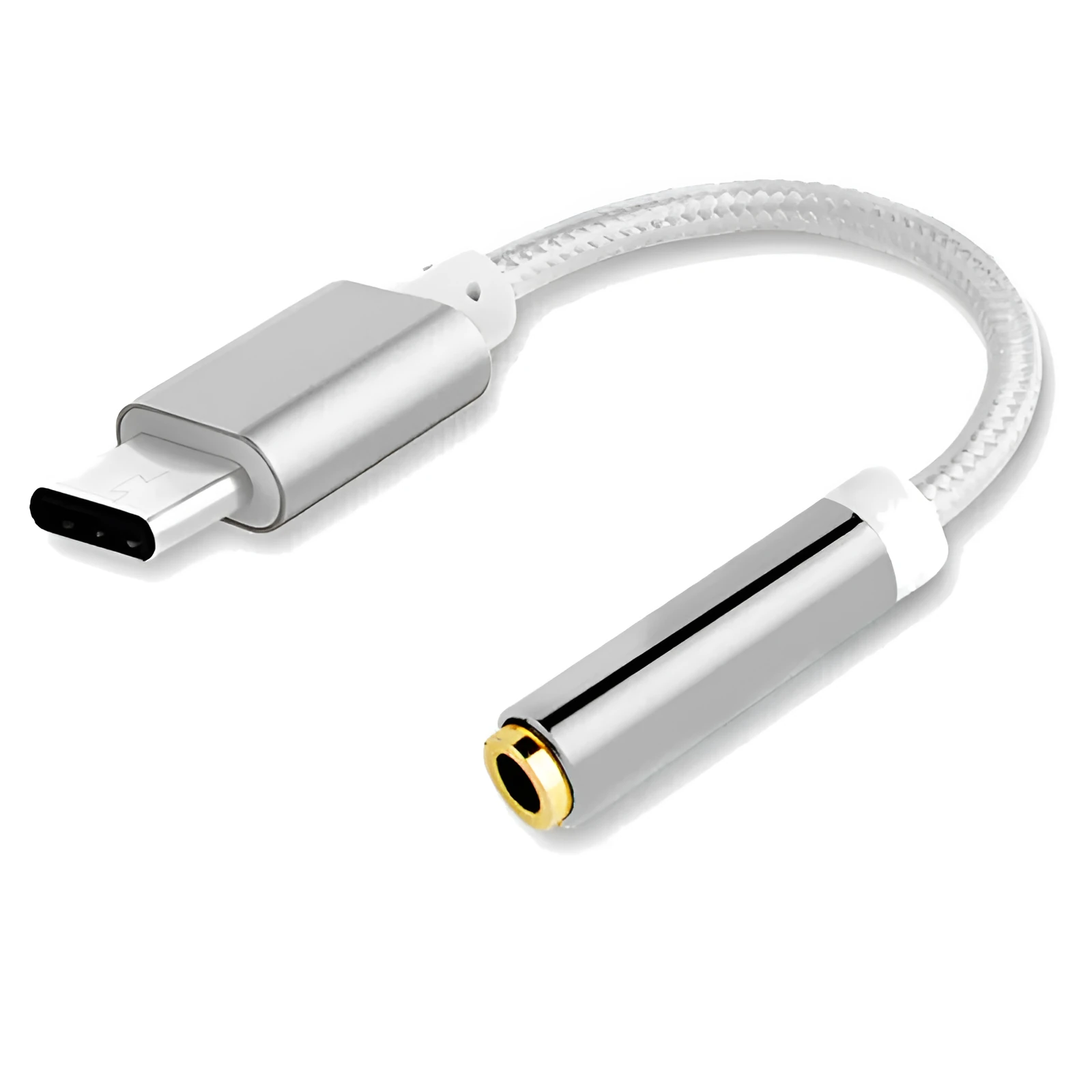 Short black nylon-braided Type-C to 3.5mm female audio adapter cable on a white background.