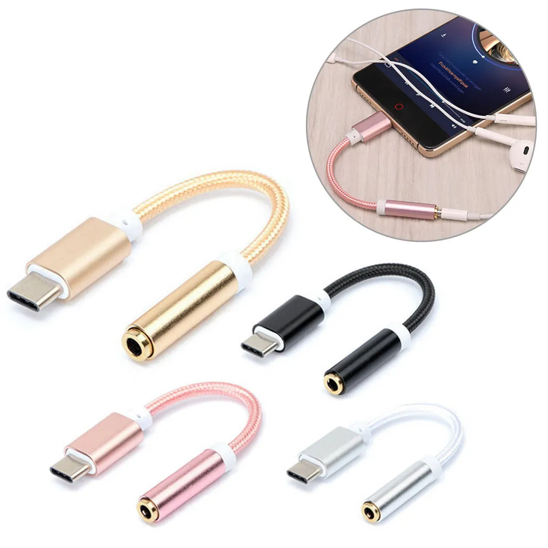 Short black nylon-braided Type-C to 3.5mm female audio adapter cable on a white background.