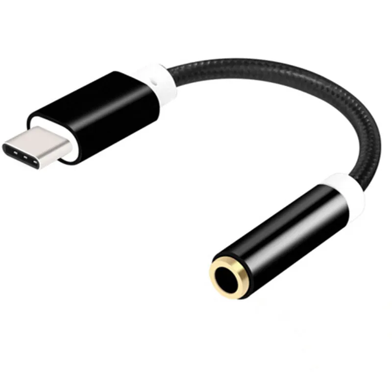 Short black nylon-braided Type-C to 3.5mm female audio adapter cable on a white background.