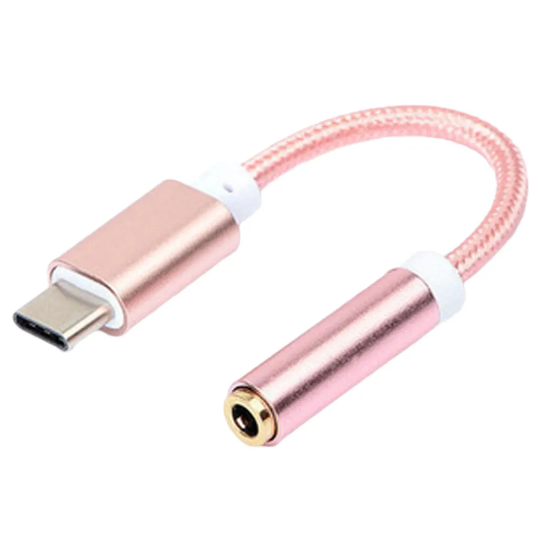 Short black nylon-braided Type-C to 3.5mm female audio adapter cable on a white background.