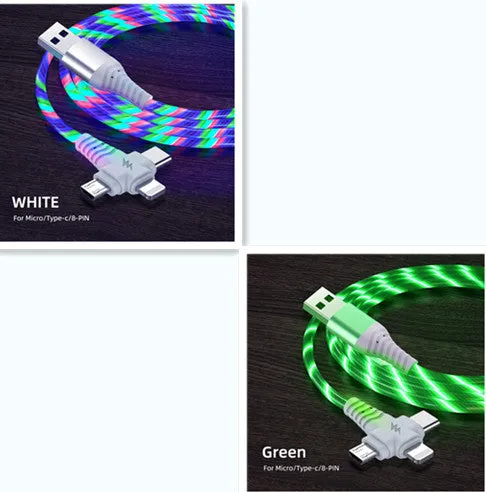 Triple-interface fast charging cable with aluminium alloy connectors showing USB-A, Type-C, and Micro-USB connections