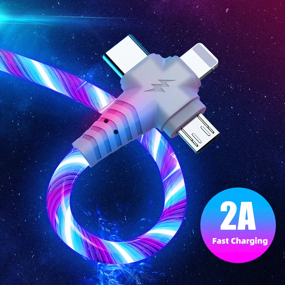 Triple-interface fast charging cable with aluminium alloy connectors showing USB-A, Type-C, and Micro-USB connections