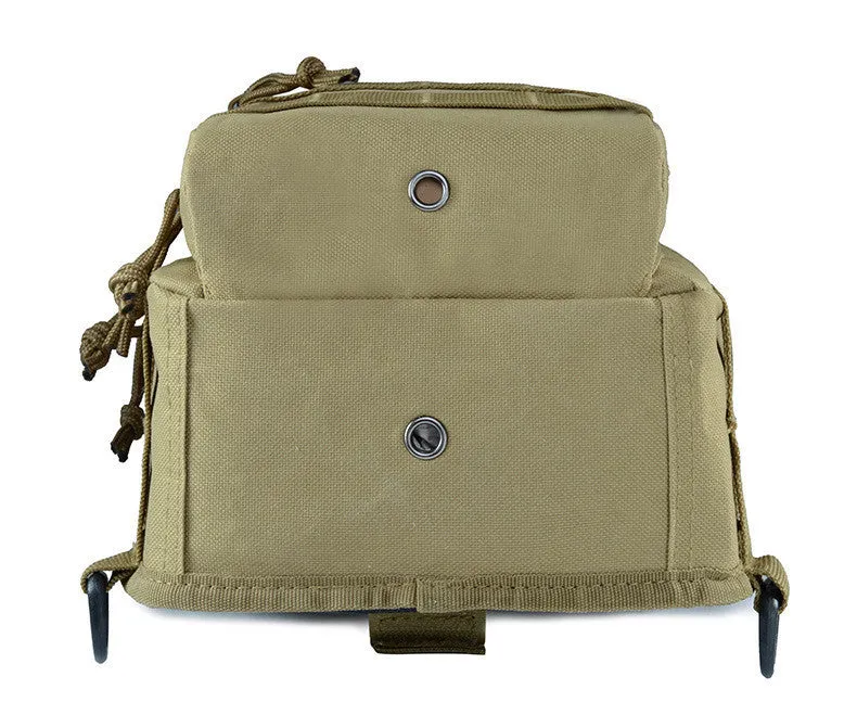 Small green camouflage tactical backpack with MOLLE webbing on front, carried crossbody.
