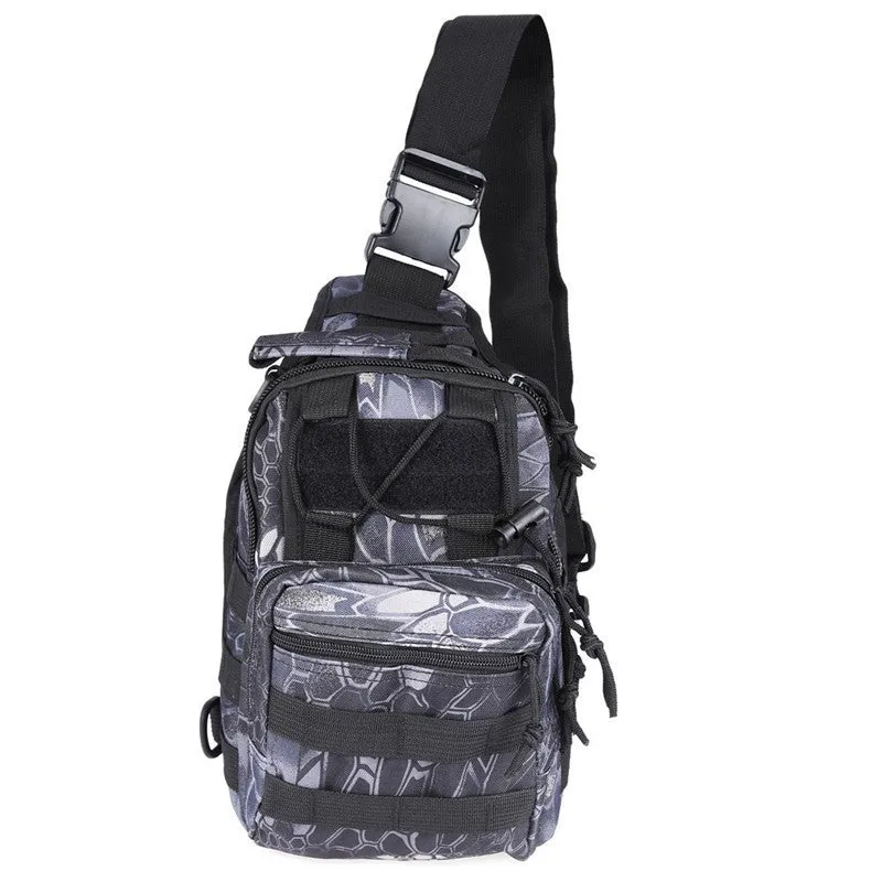 Small green camouflage tactical backpack with MOLLE webbing on front, carried crossbody.