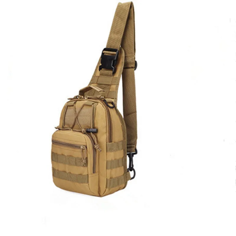 Small green camouflage tactical backpack with MOLLE webbing on front, carried crossbody.