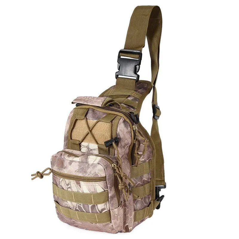 Small green camouflage tactical backpack with MOLLE webbing on front, carried crossbody.